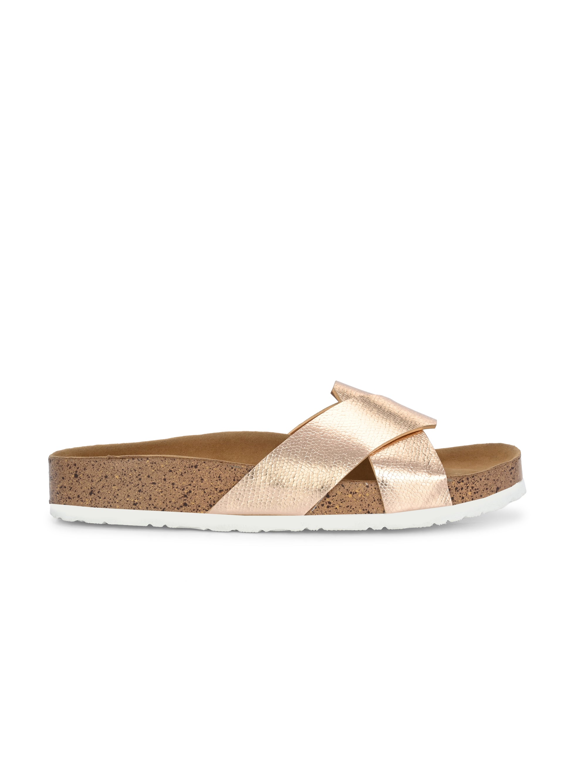Women's casual flat heel metallic cris cross slip-on sandal
