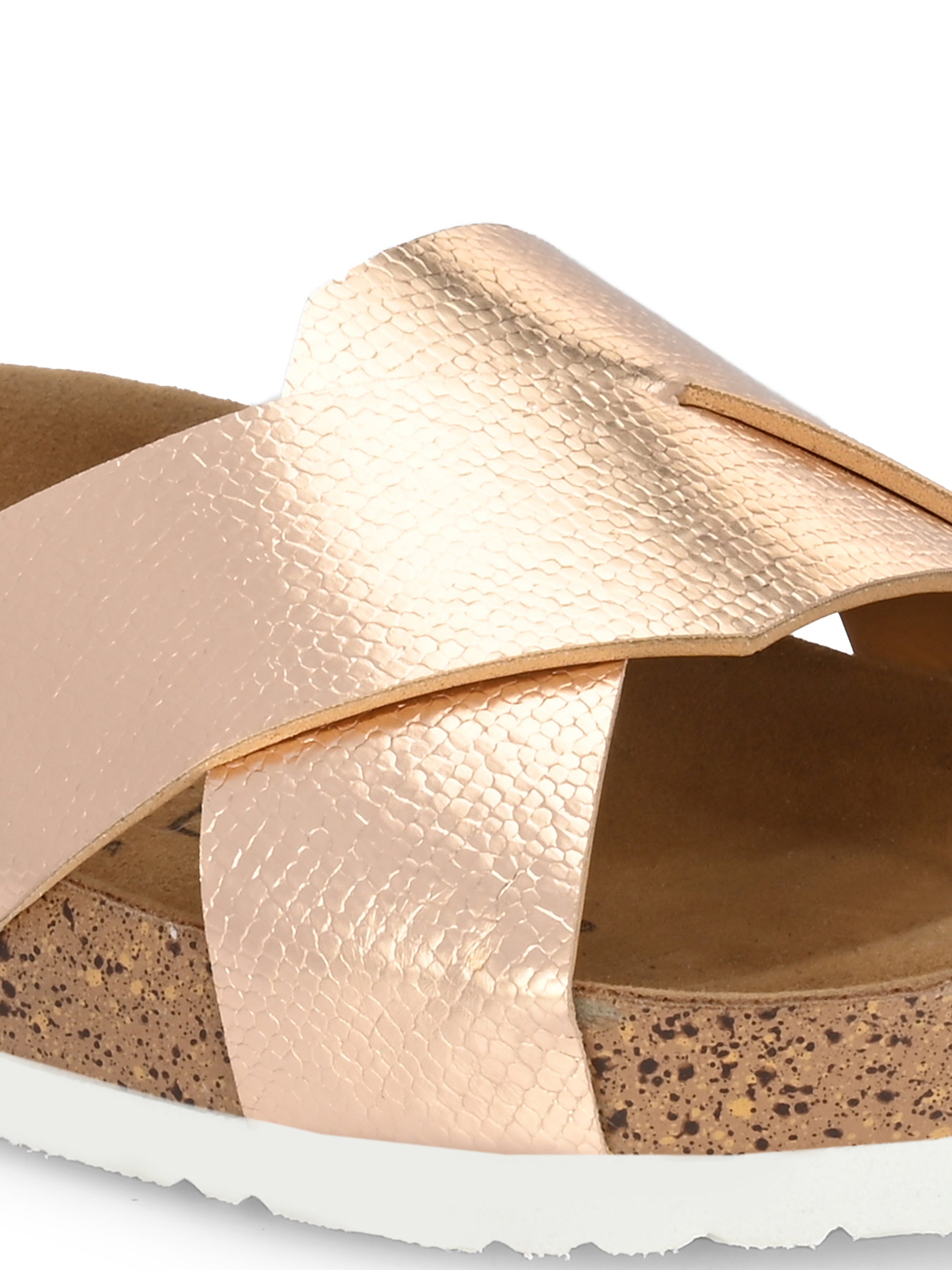 Women's casual flat heel metallic cris cross slip-on sandal
