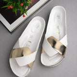Women's casual flat heel metallic cris cross slip-on sandal