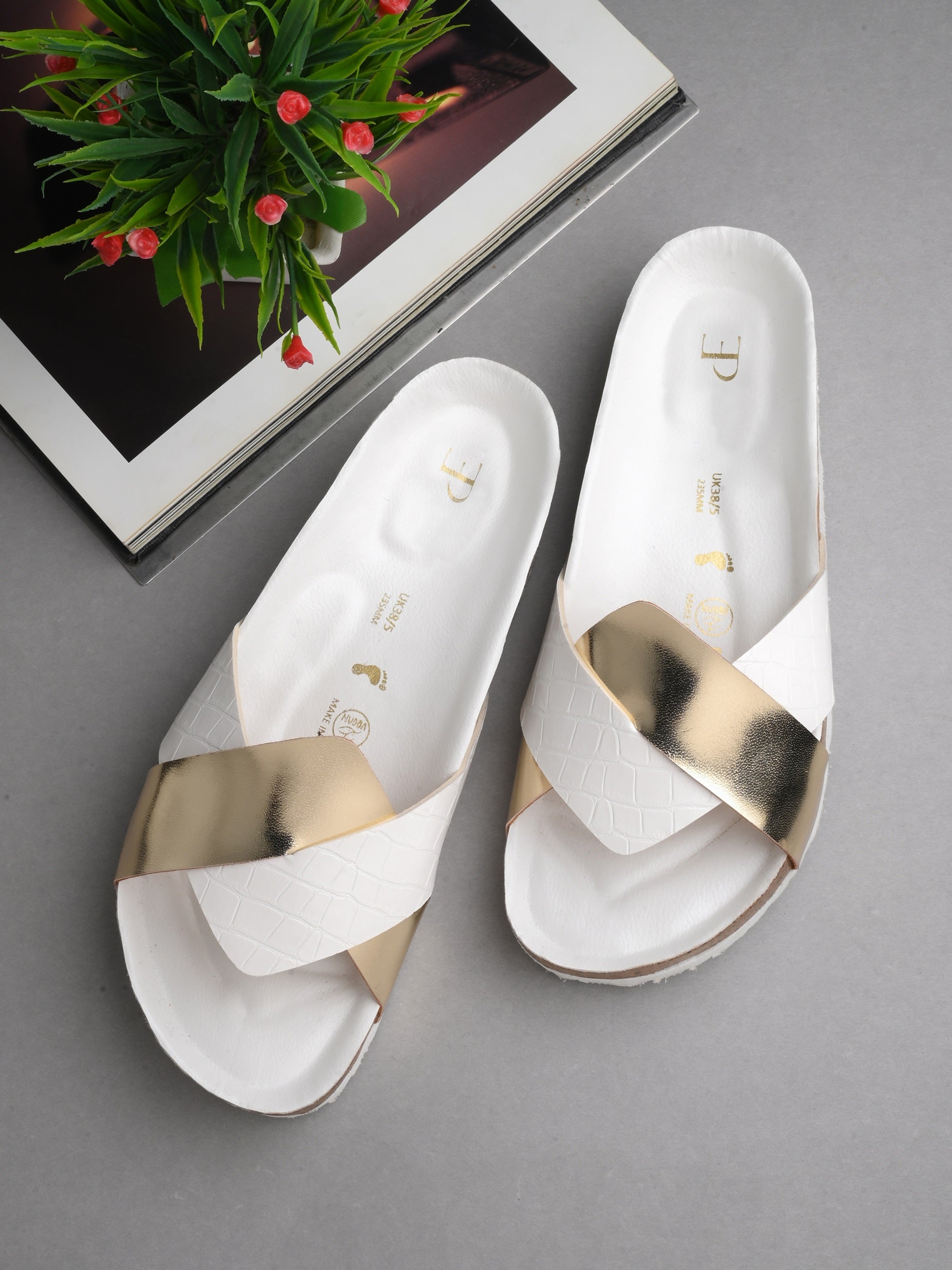 Women's casual flat heel metallic cris cross slip-on sandal