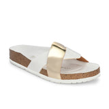 Women's casual flat heel metallic cris cross slip-on sandal
