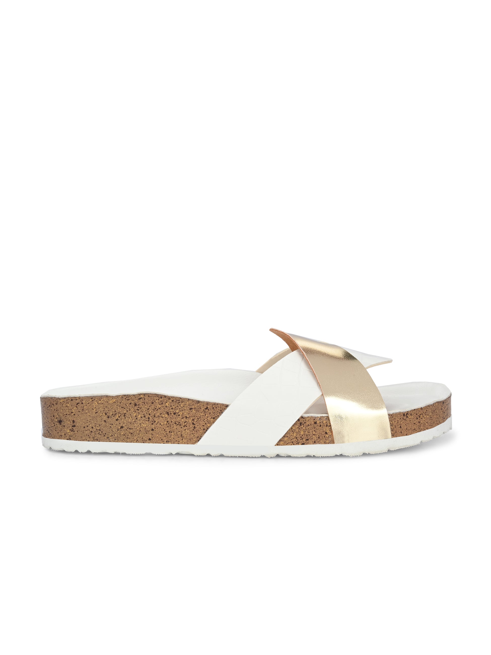 Women's casual flat heel metallic cris cross slip-on sandal