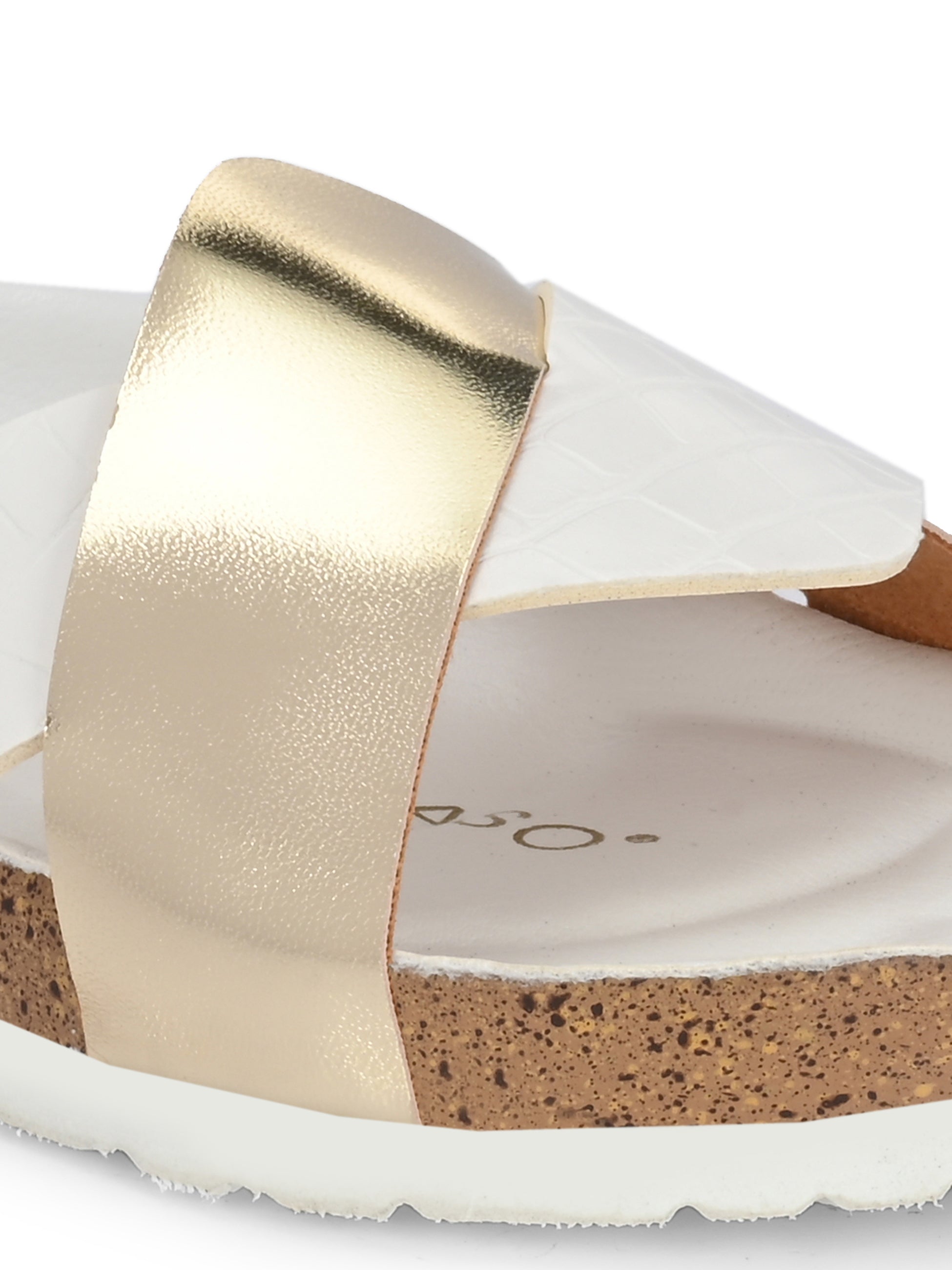 Women's casual flat heel metallic cris cross slip-on sandal