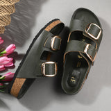 Green Women's casual flat heel buckle strap slip-on sandal
