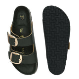 Green Women's casual flat heel buckle strap slip-on sandal