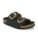 Green Women's casual flat heel buckle strap slip-on sandal
