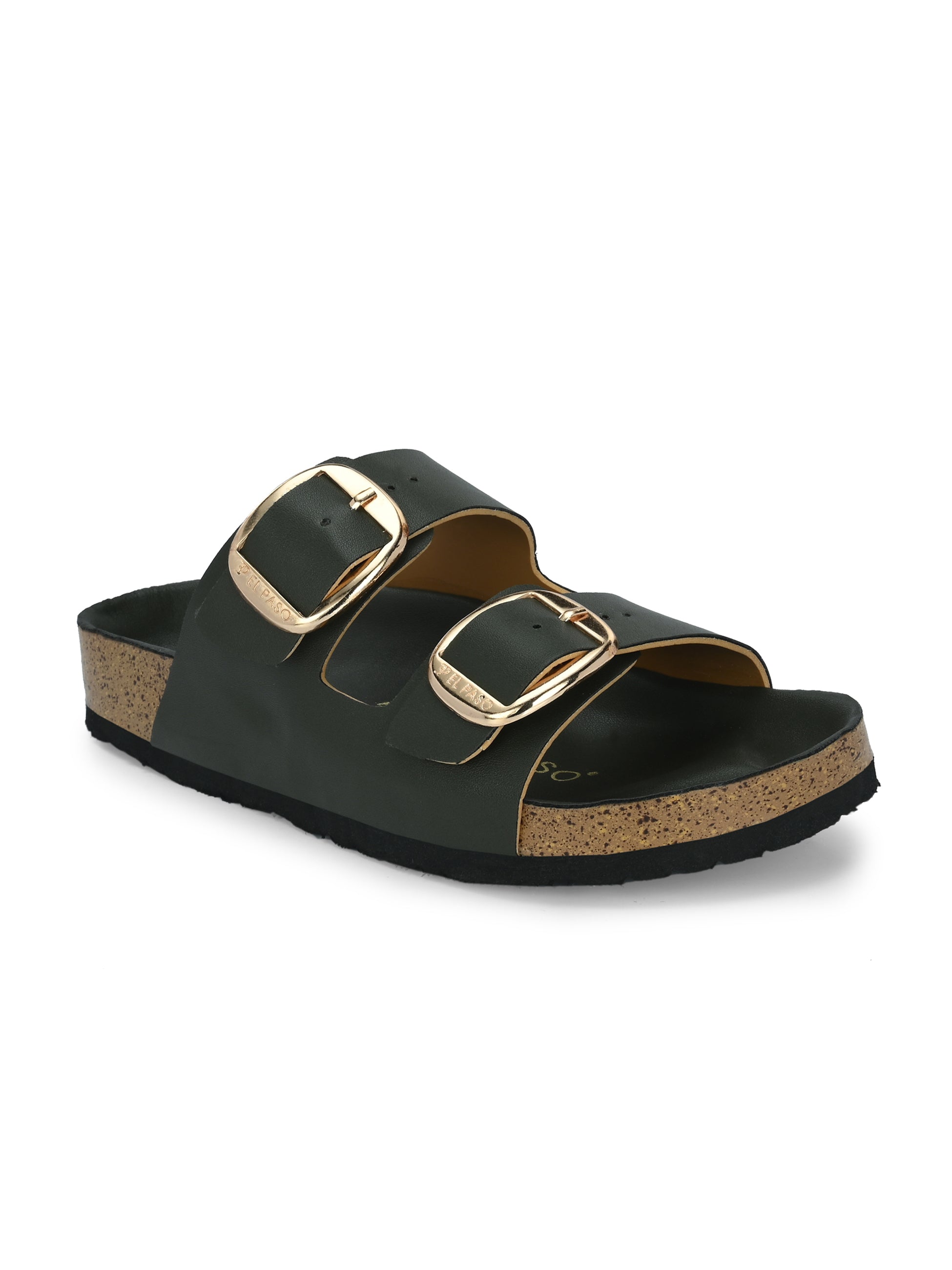 Green Women's casual flat heel buckle strap slip-on sandal