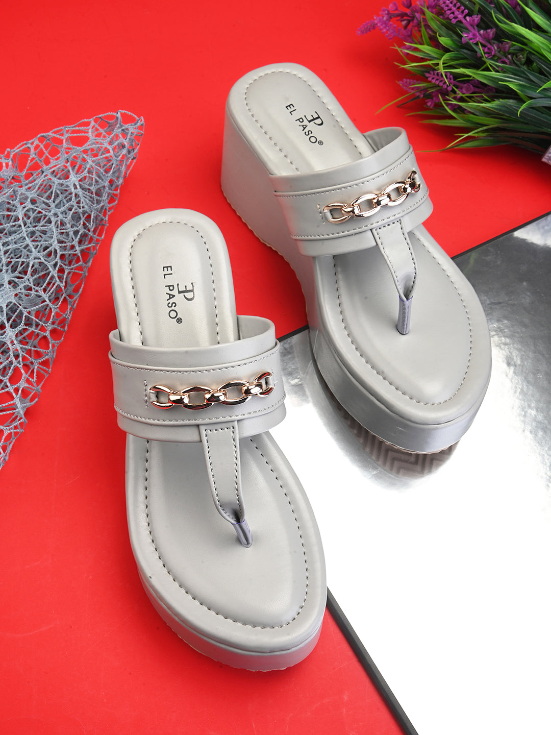 Grey Slip-On Platform Heels For Women