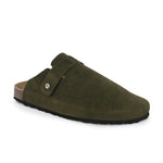 Olive suede slip-on clog with a black rubber sole and adjustable strap.