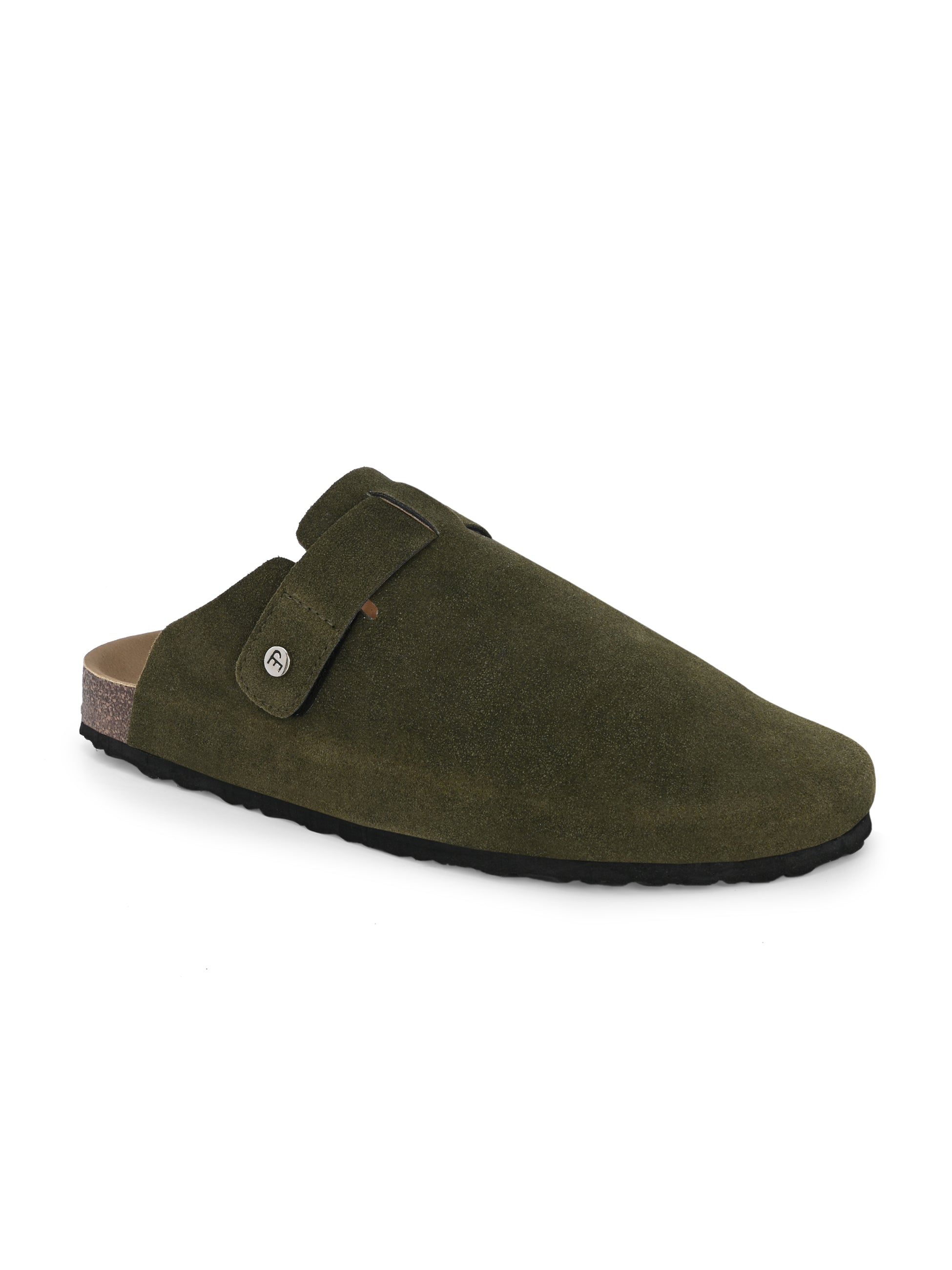 Olive suede slip-on clog with a black rubber sole and adjustable strap.