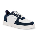 Men Solid Lace-Up Sneakers in white and blue with a sleek design and clean white sole, perfect for casual wear.