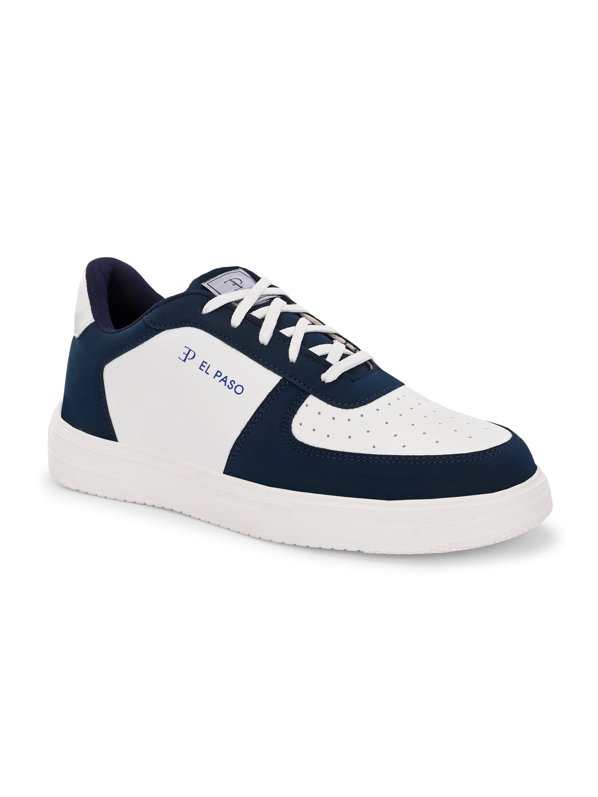 Men Solid Lace-Up Sneakers in white and blue with a sleek design and clean white sole, perfect for casual wear.