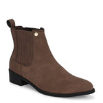 Brown suede slip-on boots with ribbed elastic panels, a pull-tab, and a low block heel for a stylish, comfortable fit.