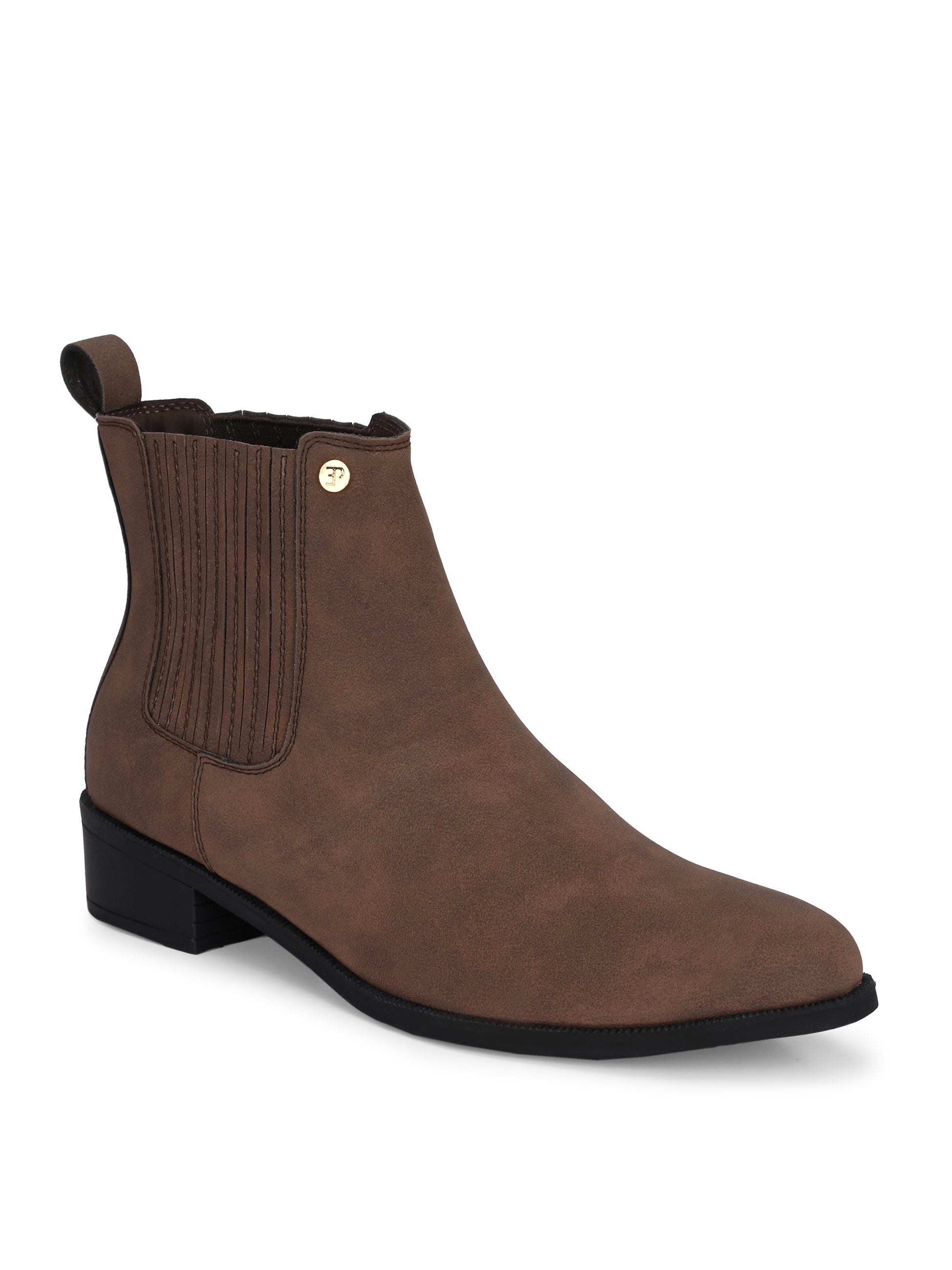 Brown suede slip-on boots with ribbed elastic panels, a pull-tab, and a low block heel for a stylish, comfortable fit.