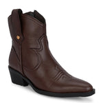 Brown cowboy-style ankle boots with intricate decorative stitching, featuring a slip-on design."