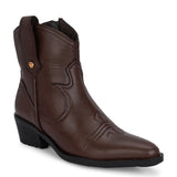 Brown cowboy-style ankle boots with intricate decorative stitching, featuring a slip-on design."