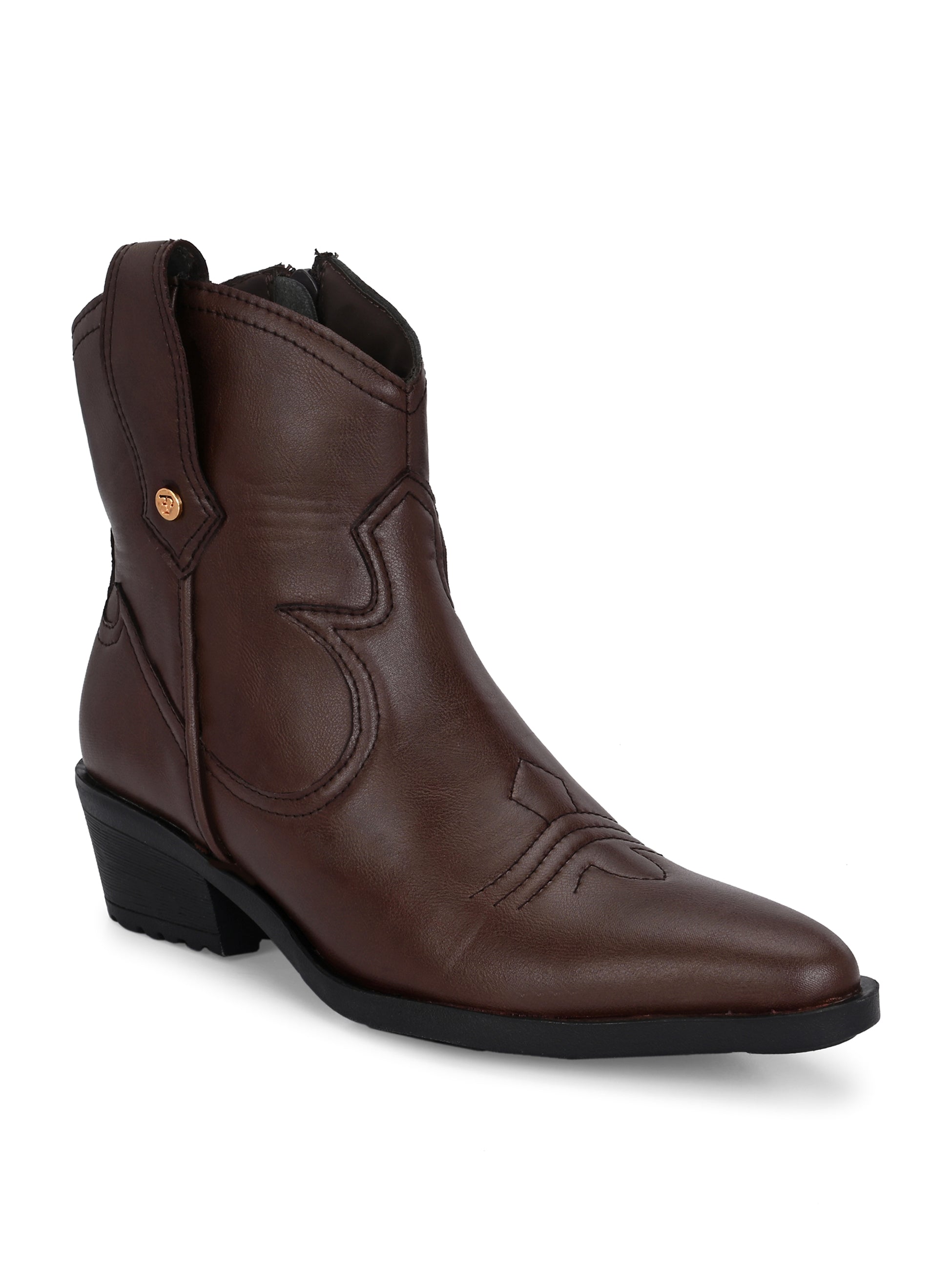 Brown cowboy-style ankle boots with intricate decorative stitching, featuring a slip-on design."