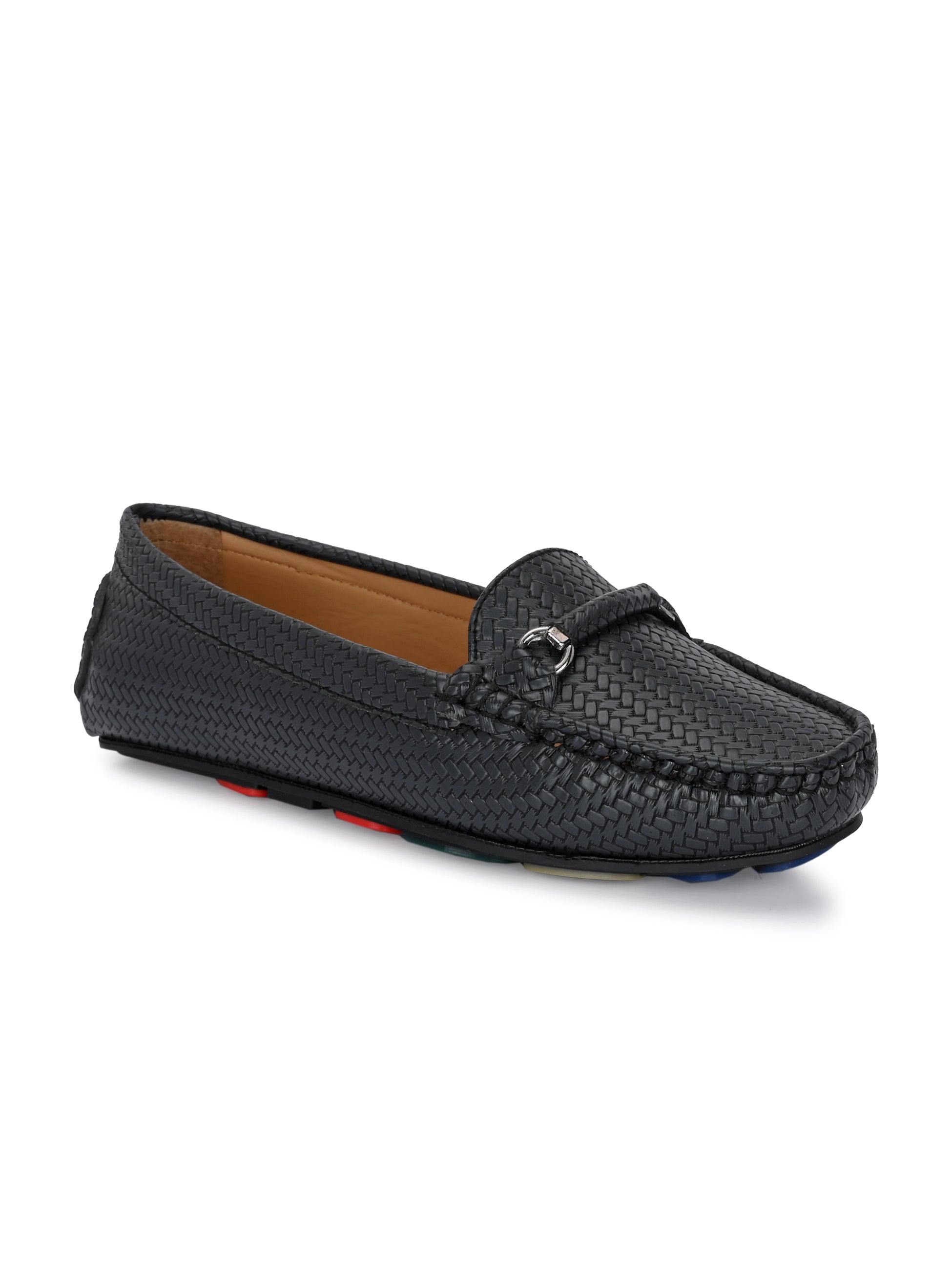 Black Textured Slip-On Loafers For Women