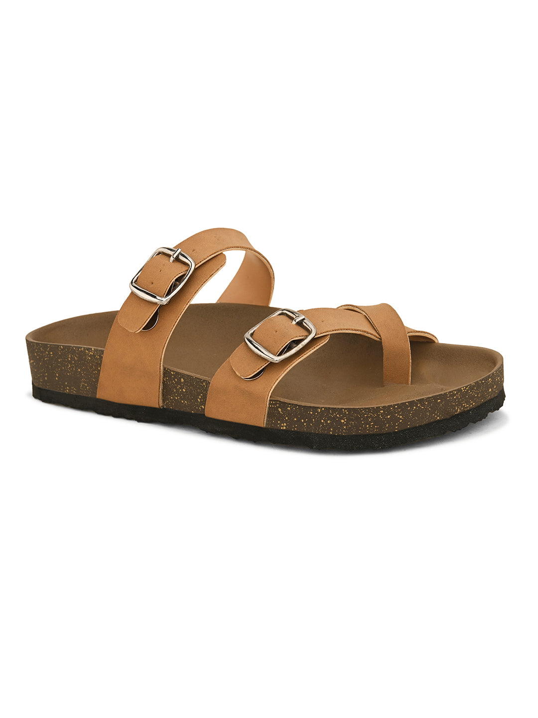 Women’s one-toe flats with a cork sole, silver buckles, and a casual slip-on design.