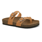 Women’s one-toe flats with a cork sole, silver buckles, and a casual slip-on design.