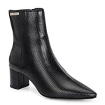 Black textured ankle boots with a sleek snakeskin pattern and a block heel design