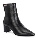 Black textured ankle boots with a sleek snakeskin pattern and a block heel design