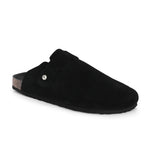 Black suede slip-on clog with a black rubber sole and adjustable strap.