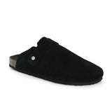 Black suede slip-on clog with a black rubber sole and adjustable strap.