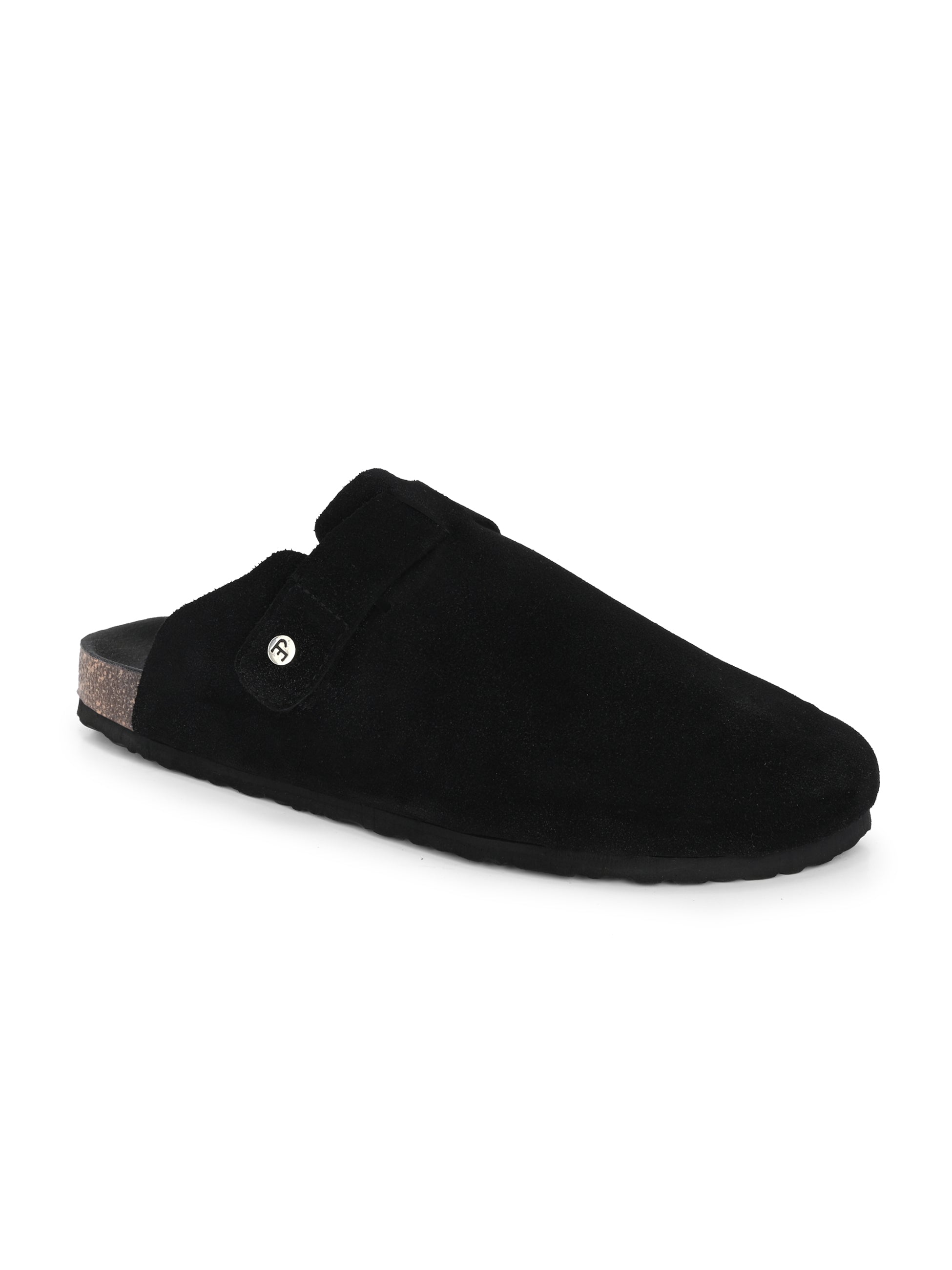 Black suede slip-on clog with a black rubber sole and adjustable strap.