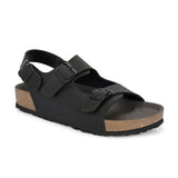 Black Men's casual flat heel buckle strap sandal with back strap closure