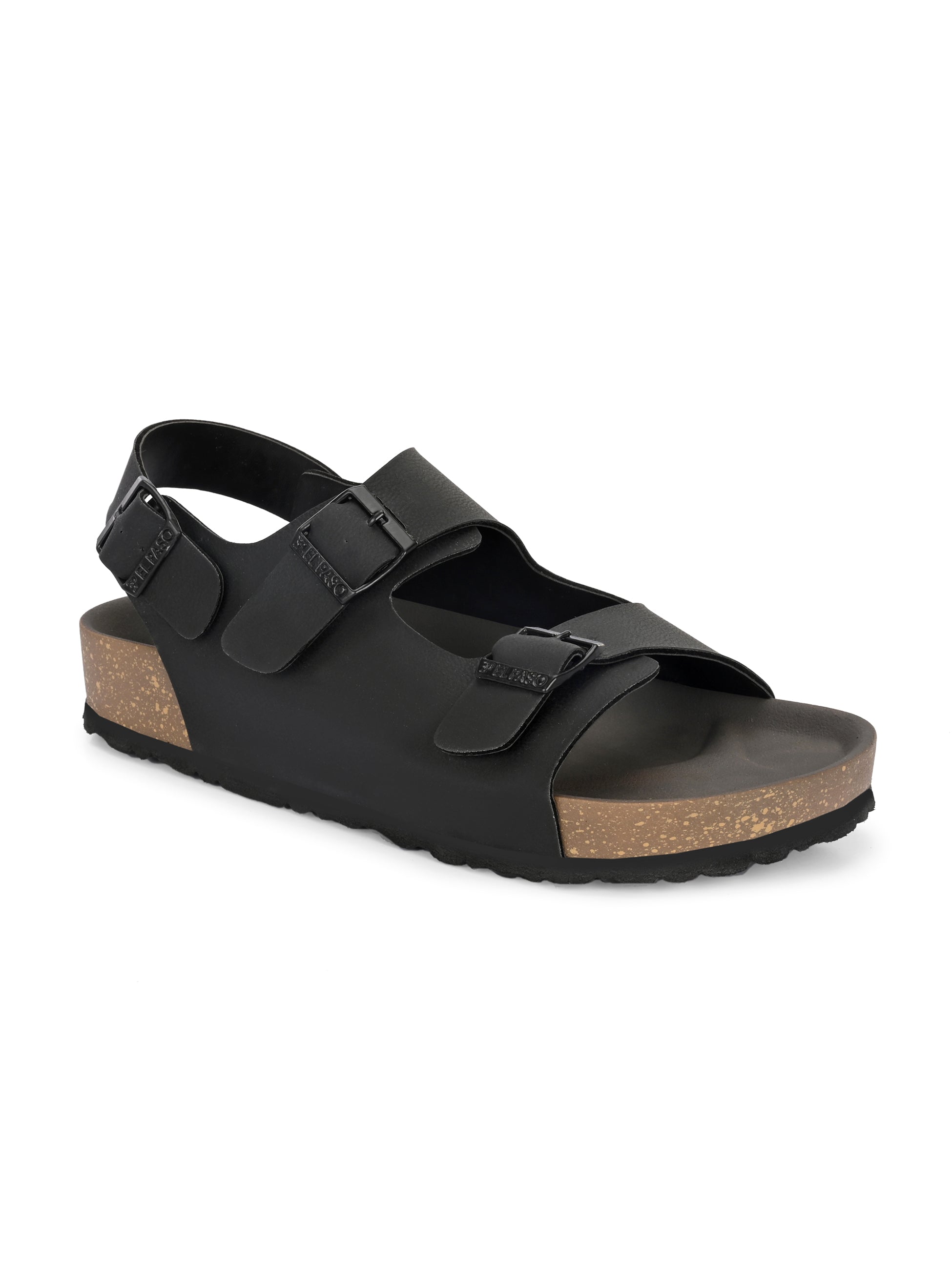 Black Men's casual flat heel buckle strap sandal with back strap closure