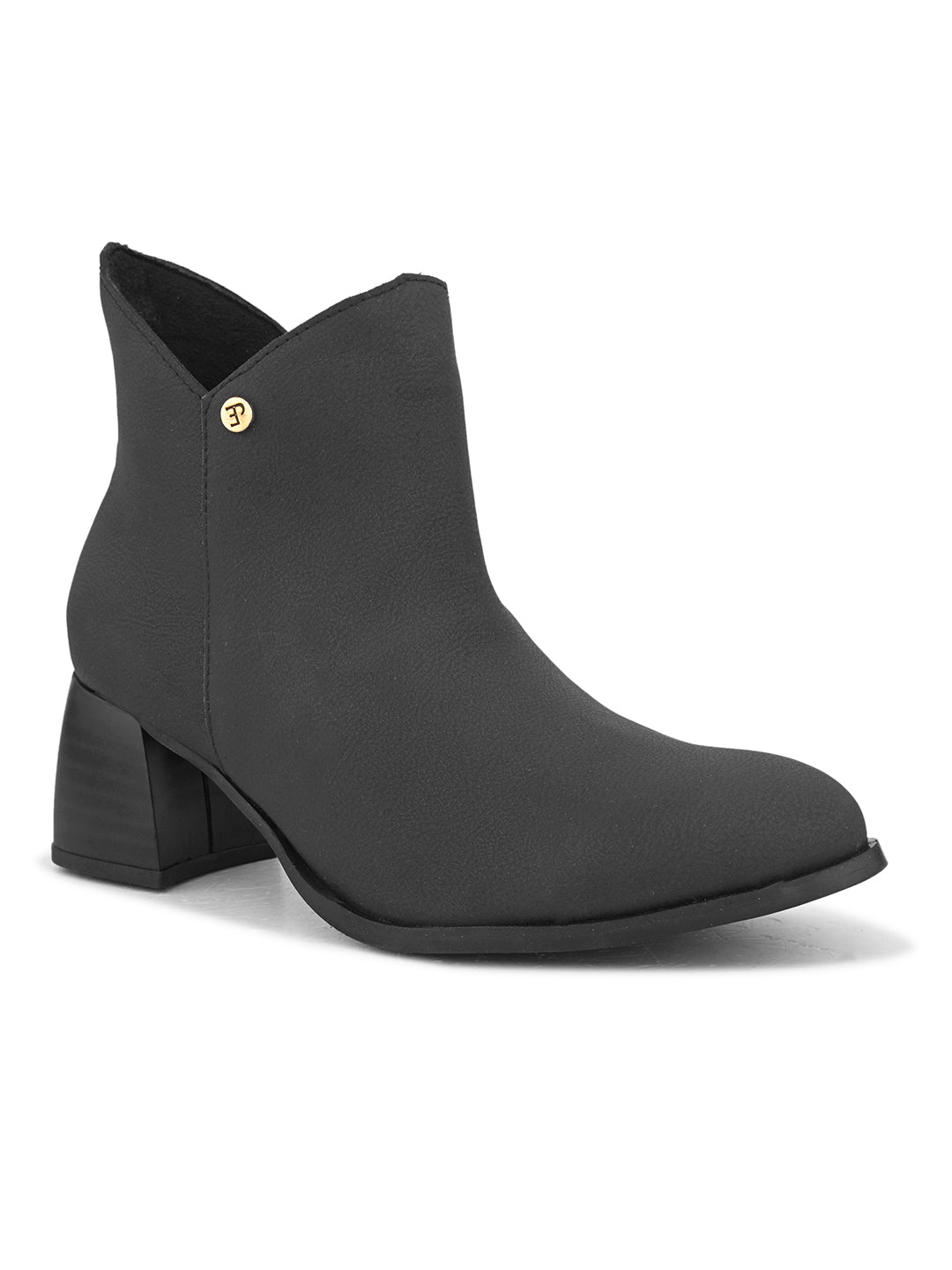 Black ankle boots with a block heel and a sleek gold accent.