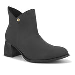 Black ankle boots with a block heel and a sleek gold accent.