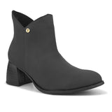 Black ankle boots with a block heel and a sleek gold accent.