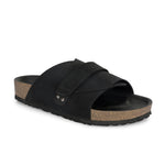 Black Men's casual flat heel strap sandal with slip-on closure