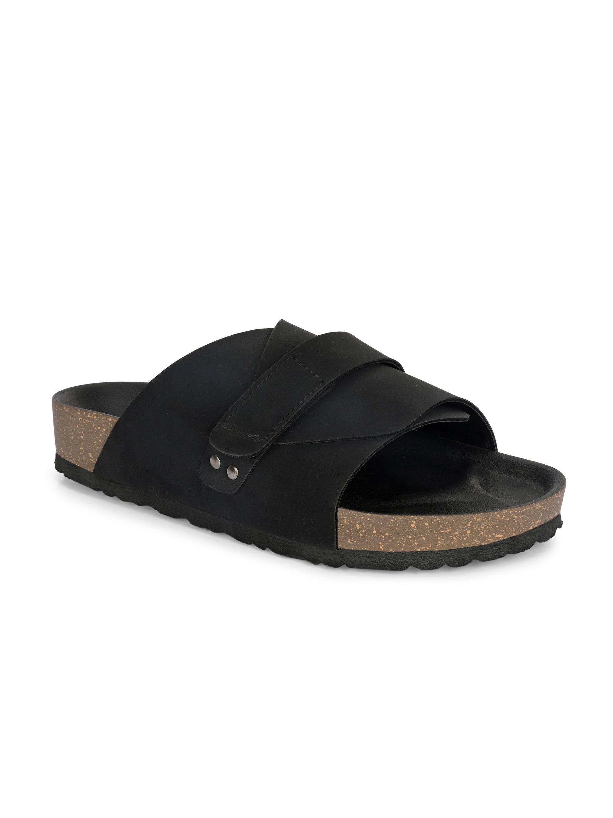 Black Men's casual flat heel strap sandal with slip-on closure