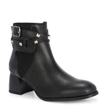 Black leather ankle boots with studded straps and a buckle design.