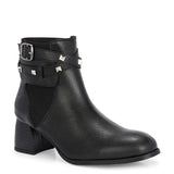 Black leather ankle boots with studded straps and a buckle design.