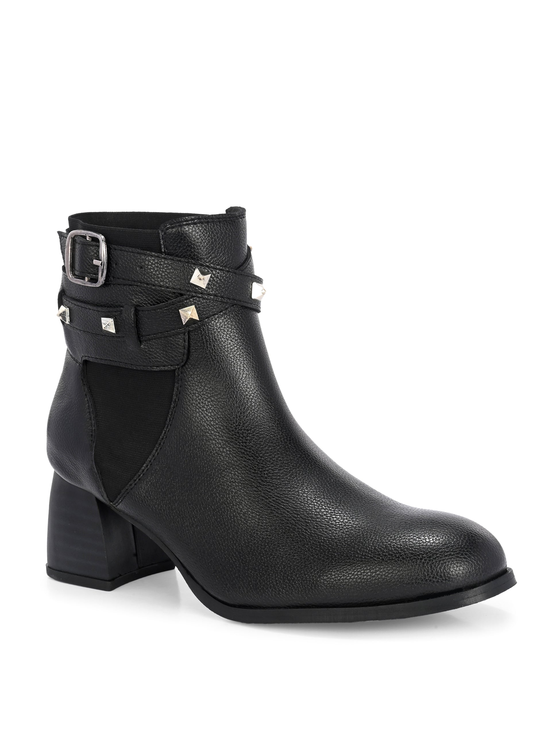 Black leather ankle boots with studded straps and a buckle design.