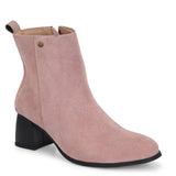 Light pink Suede ankle boots for women with a block heel and a sleek, minimalist design.