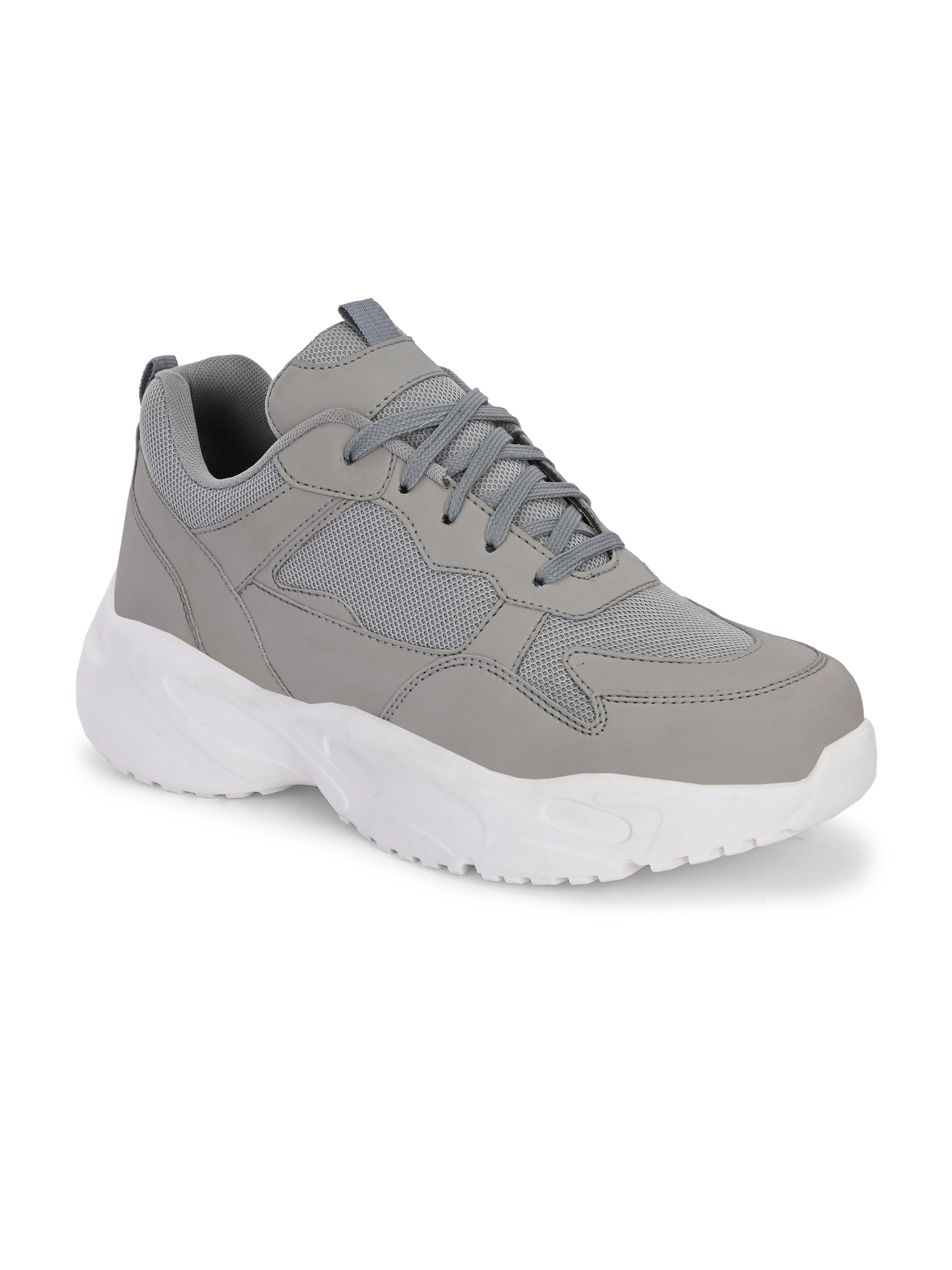 a grey and white sneaker with white heel and lace-up design
