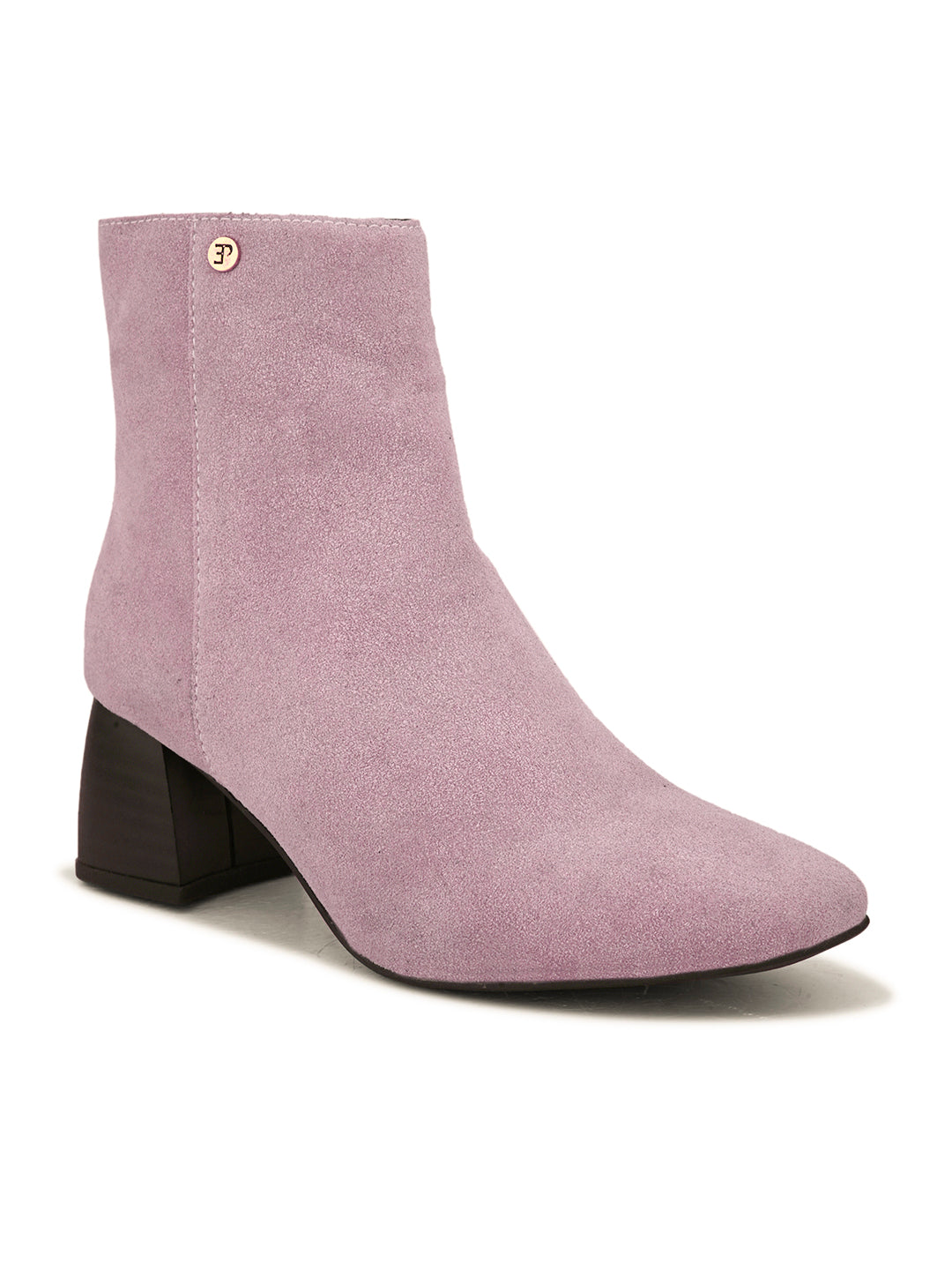 Light pink suede ankle boots with a sleek design and block heel.