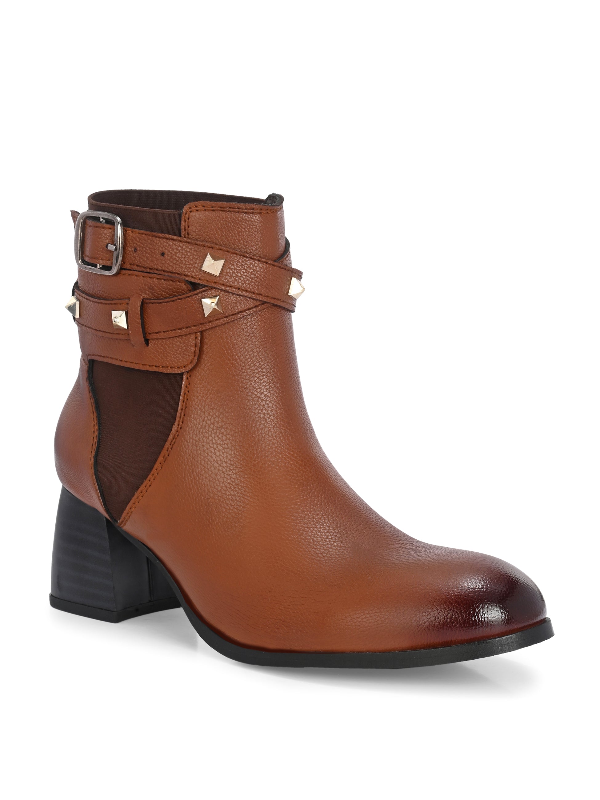 Brown leather ankle boots with studded straps and a buckle design.