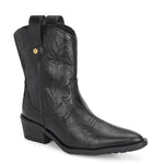 Black ankle boots with intricate decorative stitching, featuring a slip-on design.