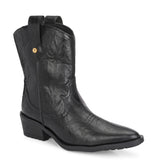 Black ankle boots with intricate decorative stitching, featuring a slip-on design.
