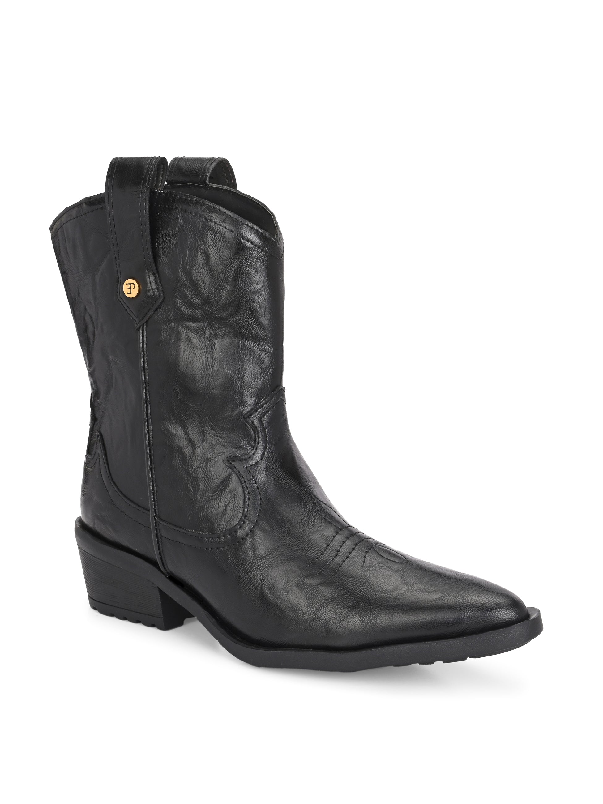 Black ankle boots with intricate decorative stitching, featuring a slip-on design.