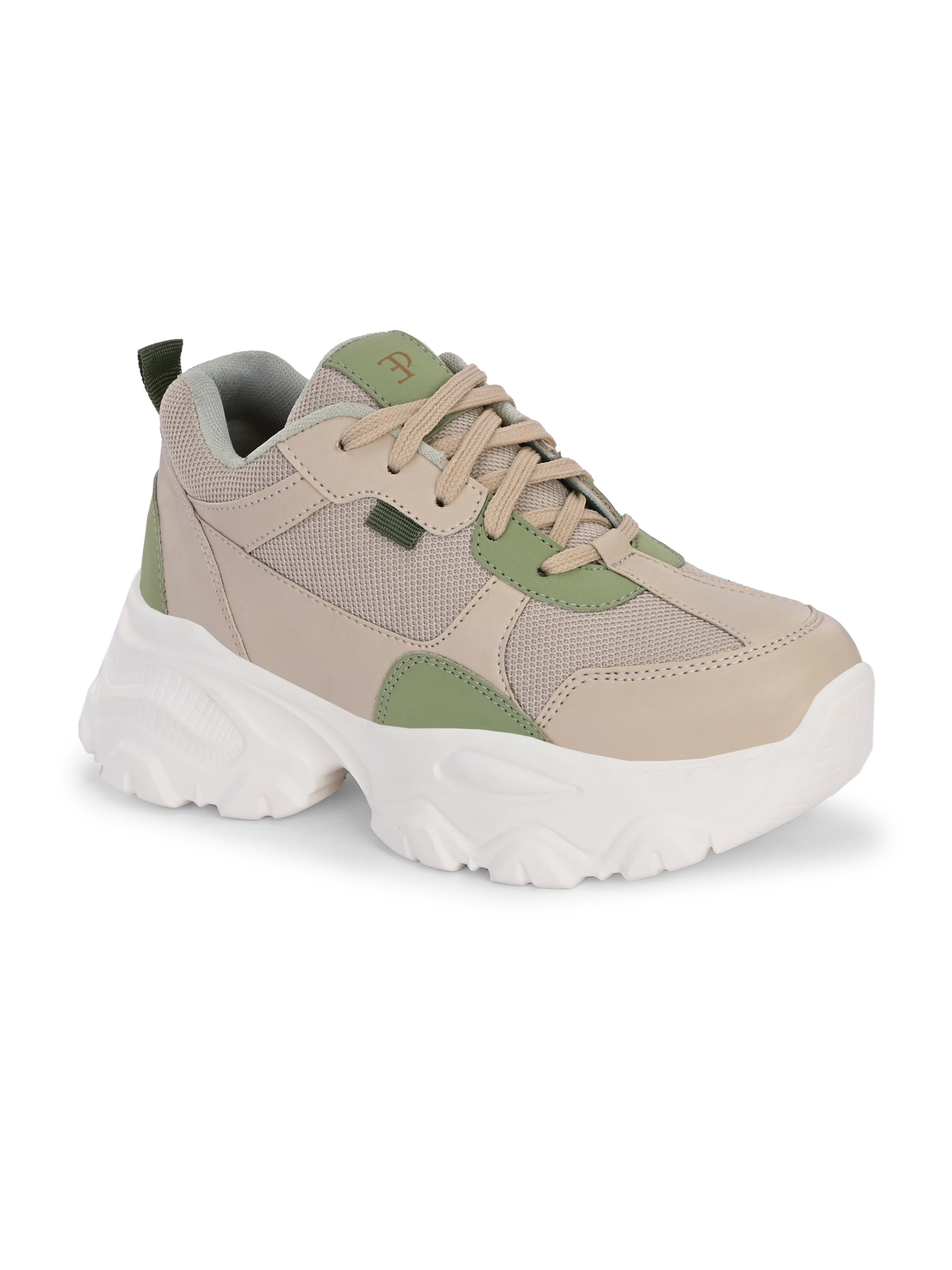 Beige and green chunky sneaker with a textured sole and modern design