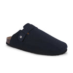 Blue suede slip-on clog with a black rubber sole and adjustable strap.