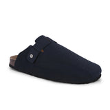 Blue suede slip-on clog with a black rubber sole and adjustable strap.