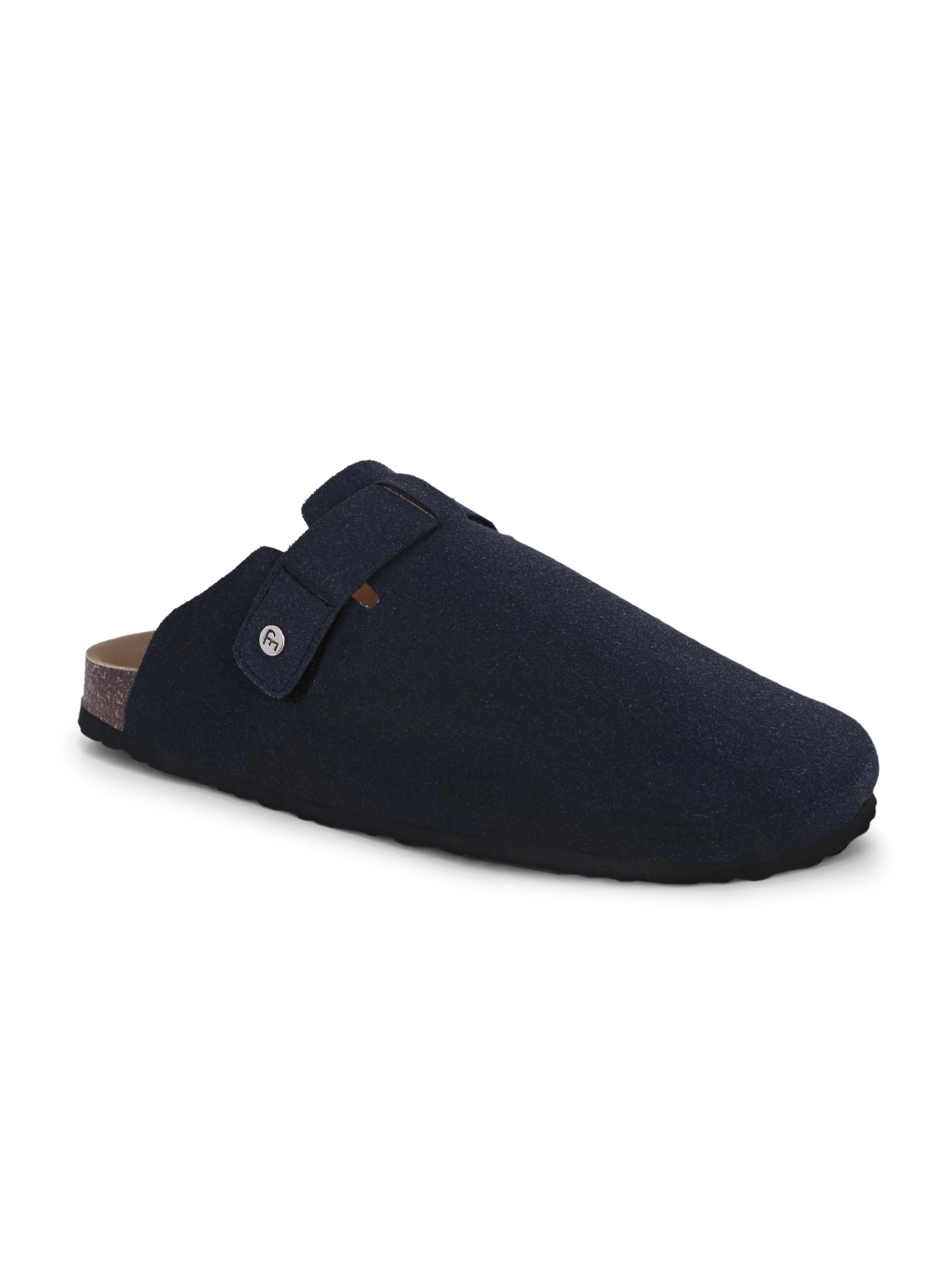 Blue suede slip-on clog with a black rubber sole and adjustable strap.